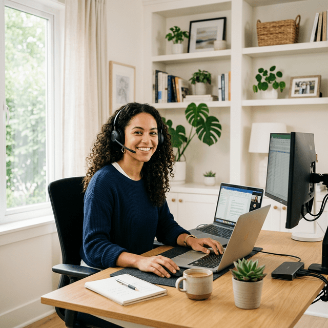Woman working from home with headset